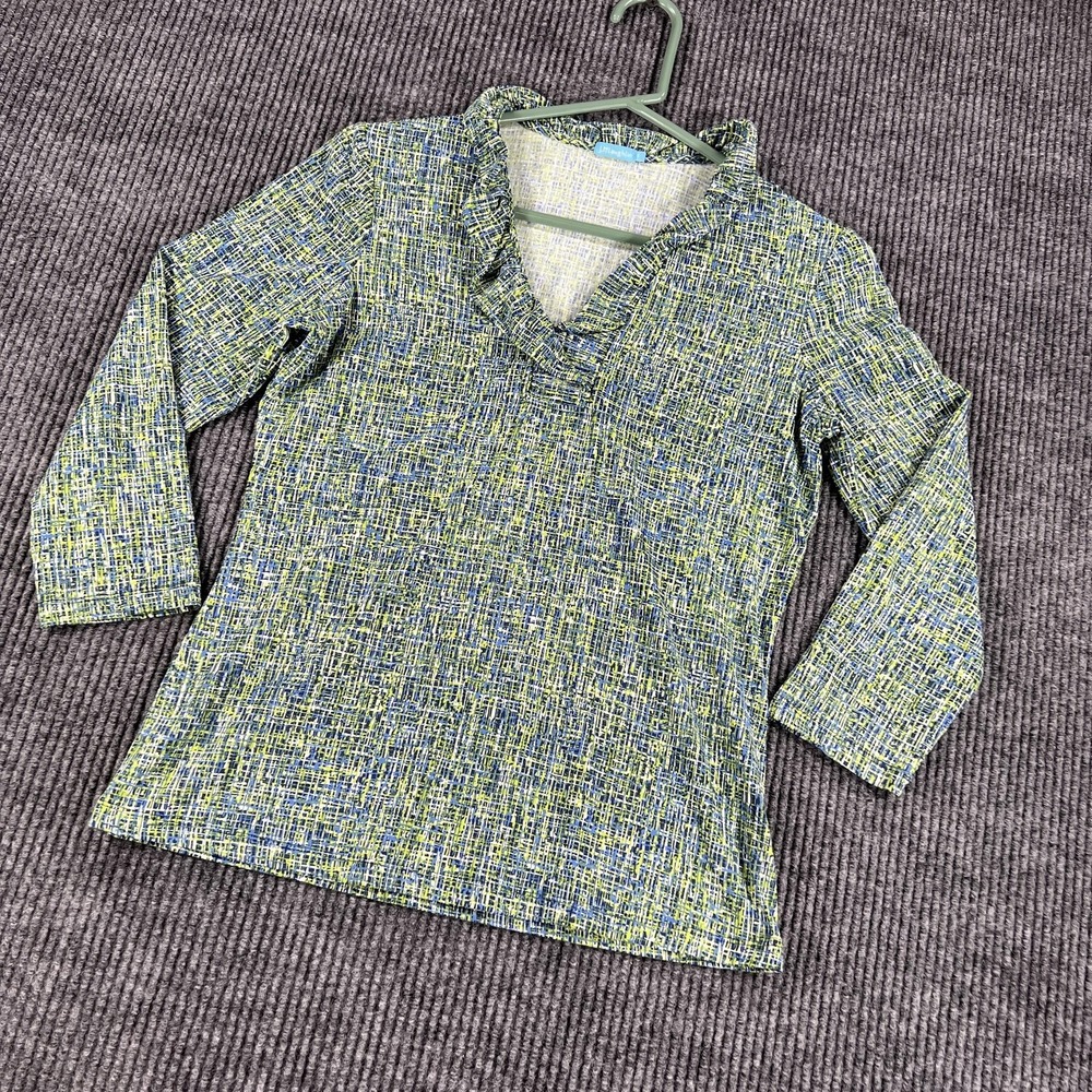 J. McLaughlin Shirt Womens Small Blue Green Abstract Print‎ Cowl Neck 3/4 Sleeve